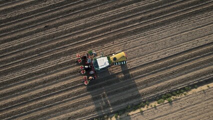 Modern Agricultural Technology in Action Planting Seeds in Rows with Precision Equipment from an Aerial View