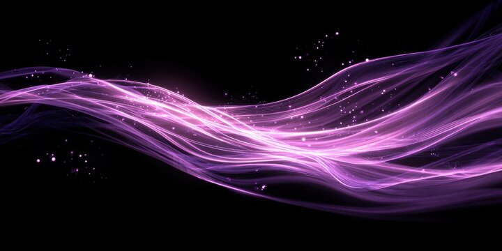 Abstract purple glowing waves flowing on black background representing energy technology and dynamism