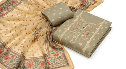 cream and green embroidered indian saree with blouse - elegant ethnic wear