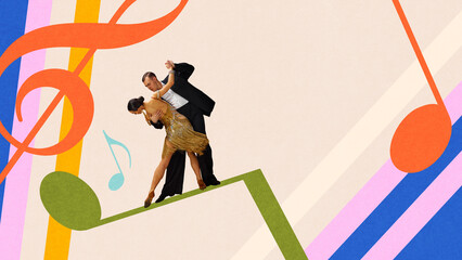 Graphic composition. Elegant retro couple performing ballroom dance on vibrant music background. Concept of theater staging, retro musicals, editorial culture projects, and vintage event marketing.