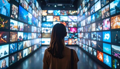 A woman stands facing a wall filled with numerous illuminated digital screens in a tech-infused environment