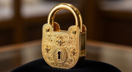 Ornate, golden padlock with intricate carvings and embellishments.