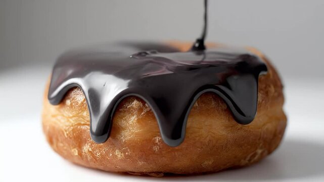 Close-up of a delicious freshly baked donut being drizzled with rich, dark chocolate icing in a studio setting