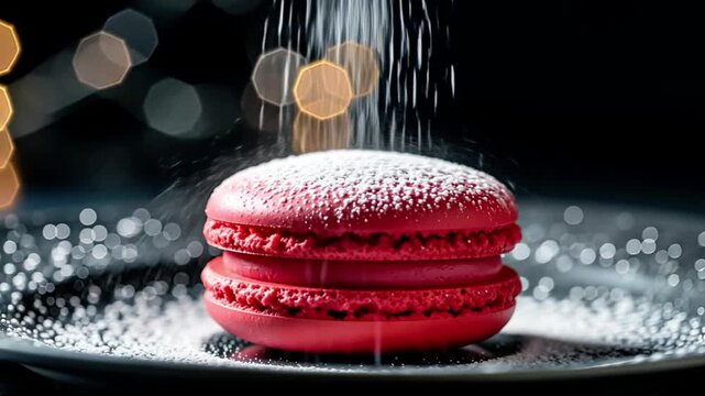 Pink macaron sprinkled with powdered sugar on black plate. Elegant indulgence. 4K. 
