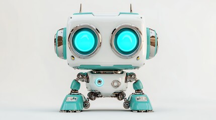Cute Teal and White Robot with Glowing Blue Eyes