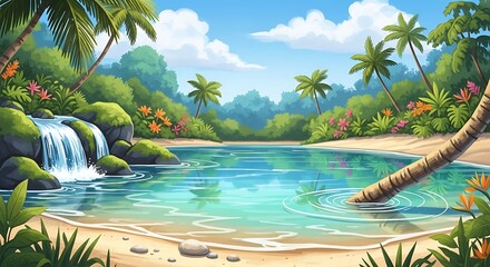 A tranquil tropical lagoon scene showcases a cascading waterfall and a palm tree reaching into the calm water.