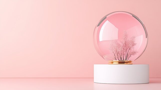 Delicate Pink Tree Inside Glass Snow Globe on White Pedestal, Pink Background