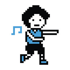 Cute cartoon pixel character cute man exercises training aerobic dance lifestyle music decoration life style 8 bit male boy dance with music game 8bit fitness isolated PNG vector.