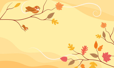 Illustration vector graphic of autumn background with branches, colorful fall leaves, and birds, perfect for seasonal greeting cards, posters, invitations, and decorative banners.