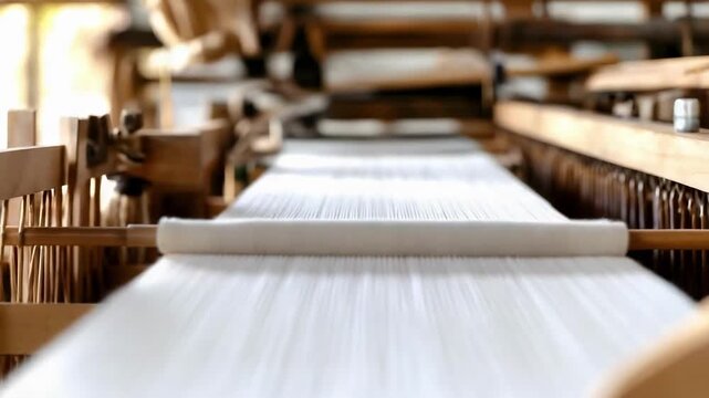 Wooden loom in use with warp threads aligned and shuttles at the ready as fabric is woven.