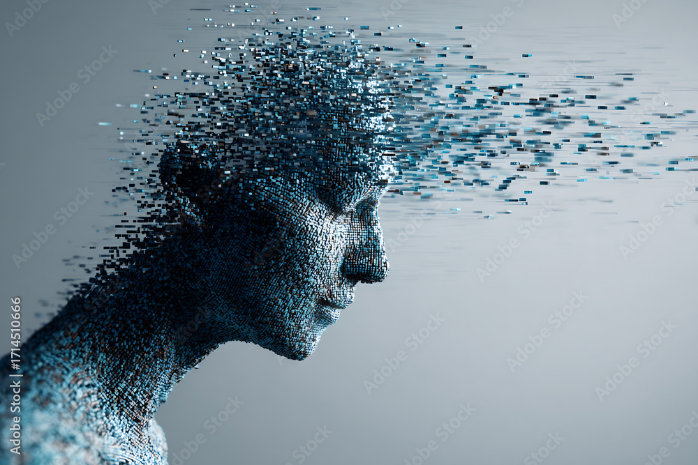 Poster abstract digital human head disintegrating into blue pixels, symbolizing artificial intelligence, da