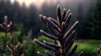 Dew Covered Dark Plant in Soft Lit Forest