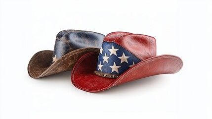 Distressed Brown and Red Cowboy Hats with American Flag Design on White Background