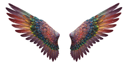 Fototapeta premium Vibrant Angel Wings with Colorful Feathers png clear alpha channel cutout isolated on transparent background