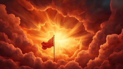 Dramatic Sunset with Flag Silhouette and Light Rays