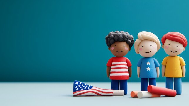 Diverse Clay Figurines with American Flag and Crayons