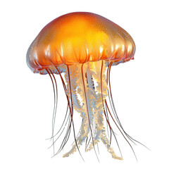 Luminous Orange Jellyfish with Dangling Tentacles in Vibrant Marine Environment, Detailed and Colorful Underwater View transparent background