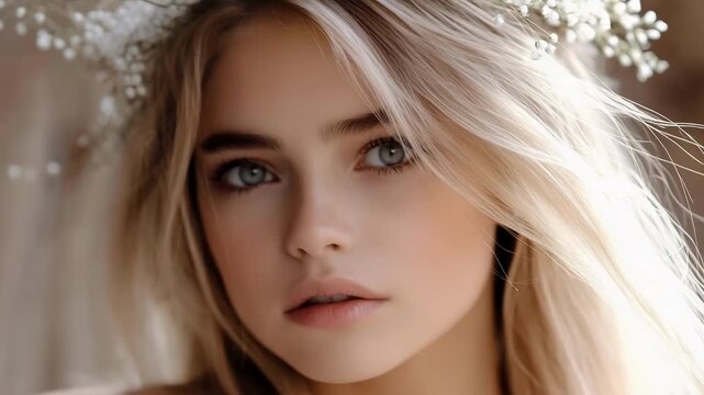 Close-up of a young woman with blonde hair and blue eyes, wearing a delicate baby's breath floral headpiece.