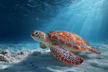 Fototapeta premium Tranquil underwater scene featuring a sea turtle gracefully swimming