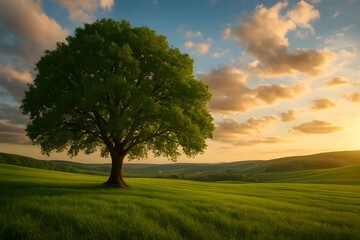 Fototapeta premium Golden Sunset on a Lush Green Field with a Lone Oak Tree