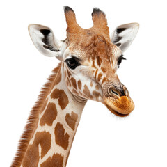 Obraz premium Close-up Portrait of a Majestic Giraffe with Long Neck and Unique Patterns on Its Skin Against a Solid Background transparent background
