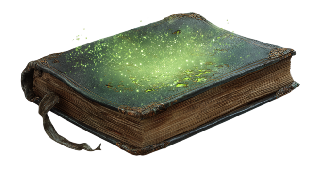 Ancient spellbook with glowing energy isolated on transparent background