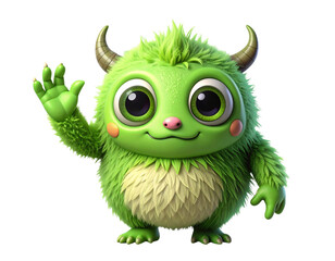 Fototapeta premium Friendly Green Alien Monster Waving Hand, isolated on transparent background.