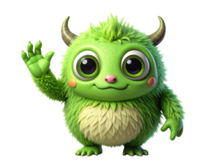 Friendly Green Alien Monster Waving Hand, isolated on transparent background.