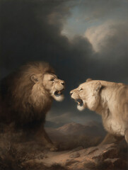 Lions Fighting in Stormy Jungle
