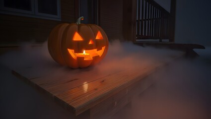 Spooky Halloween Jack-o'-lantern on wooden porch, misty night scene, 3D render.