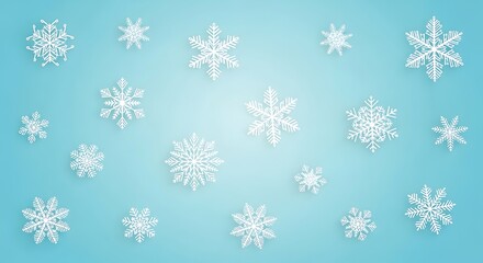 A winter wonderland scene, featuring numerous intricate snowflake designs, displayed against a soft, light blue background.