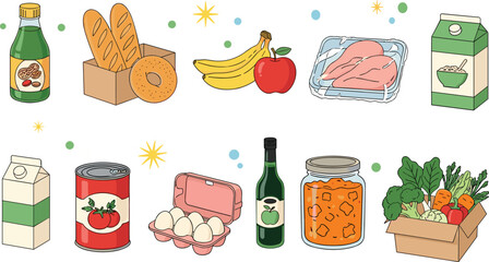 Fresh and packaged food assortment in a supermarket. Colorful fruits, vegetables, dairy, bakery, meat, seafood, and pantry staples. Healthy lifestyle and grocery shopping concept. Vector illustration