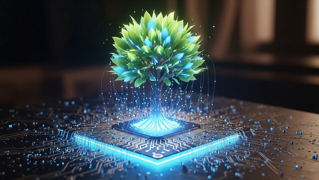 A digital tree with glowing roots integrated into a circuit board, symbolizing the fusion of technology and nature for a sustainable and innovative future.