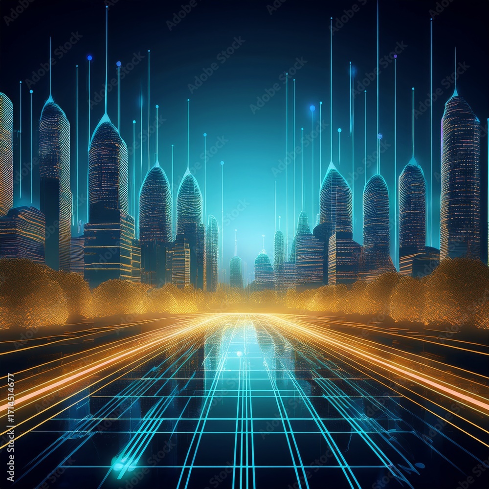Poster futuristic cityscape with glowing data streams: a vision of connectivity and technological advanceme