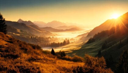 Golden Hour's Embrace: Sunlit Peaks and Misty Valley Awaken in a Breathtaking Mountain Vista.
