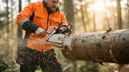 Man cutting wood with powerful chainsaw in forest. Professional lumberjack working in woodland. Industrial forestry footage. - Powered by Adobe