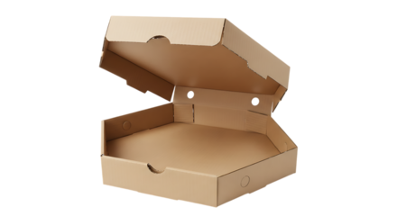Cardboard pizza box open isolated on a transparent background