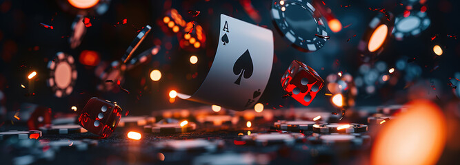 Gambling Aces and Dice: Dynamic composition featuring an ace of spades card, cascading dice, and poker chips, all set against a moody, illuminated background, symbolizing chance and risk.