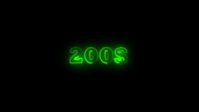 Futuristic 200 Dollar Glowing Neon Line Animation on Dark Black Background.