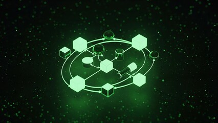 A glowing green diagram of connected nodes and shapes, symbolizing a complex data processing system, technological network, or abstract business workflow.