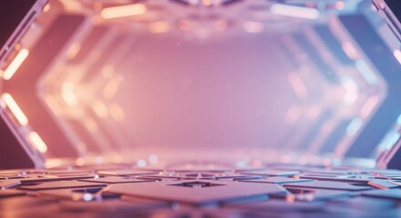 Abstract futuristic hexagon tunnel with glowing lights.