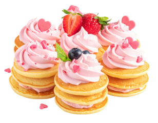 Mini Valentine’s Crepes with Pink Frosting and Sprinkles, Angled Composition, isolated