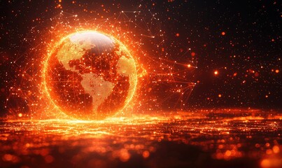 A fiery, glowing, digital representation of Earth