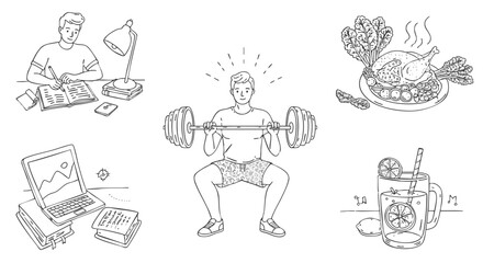Obraz premium Healthy Lifestyle Choices Balancing Work, Exercise, and Nourishment for Optimal Wellness and Balance