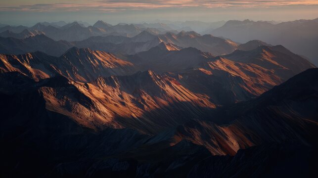 Austrian alpine peaks seen from drone with wide scenic panoramic view..