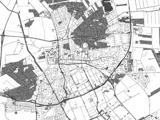 Poster-ready monochrome city map of Emmen, Netherlands, with detailed streets and rivers.