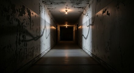 Obraz premium Gloomy corridor in an abandoned building, Decay and darkness in an old hallway with peeling paint