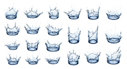 A set of realistic water and liquid splashes inside a glass container. Perfect for beverage advertising, drink menus, and illustrating concepts like dropping an ice cube into a drink or pouring liquid