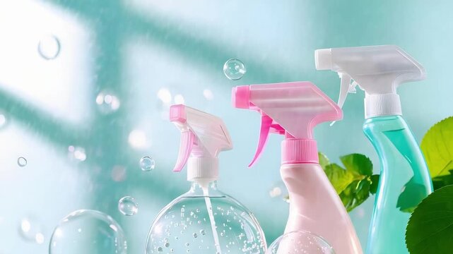 Colorful cleaning spray bottles with trigger nozzles and bubbles floating in a bright mint-green background.