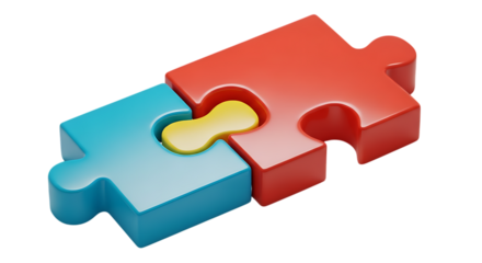 Blue red yellow puzzle pieces connecting isolated on a transparent background